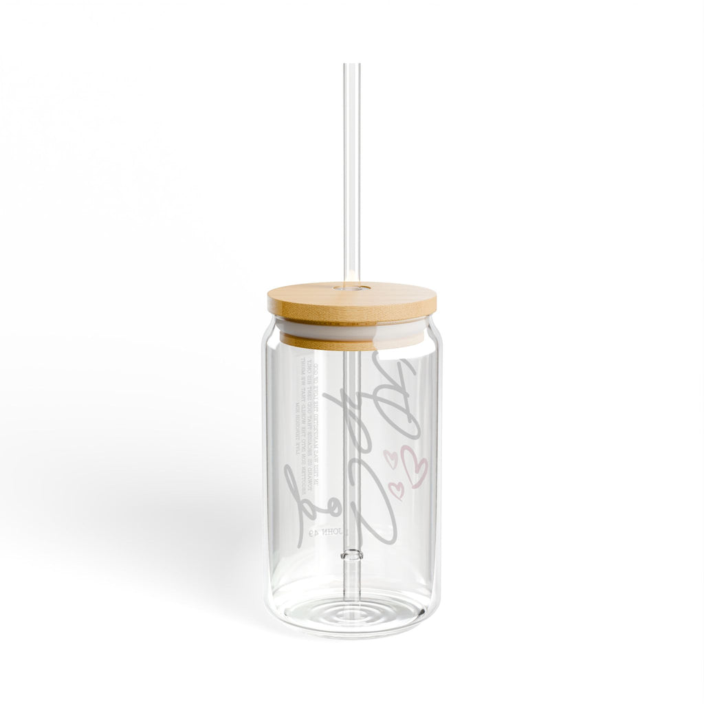 Loved By God glass cup with lid and straw – Christian drinkware gift idea from EBDestiny, perfect for coffee and tea