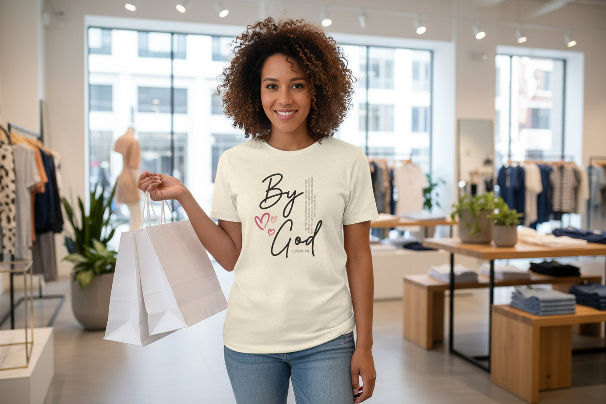 Loved By God t-shirt in natural beige with elegant black script and 1 John 4:9 verse – faith-inspired Christian tee from EBDestiny
